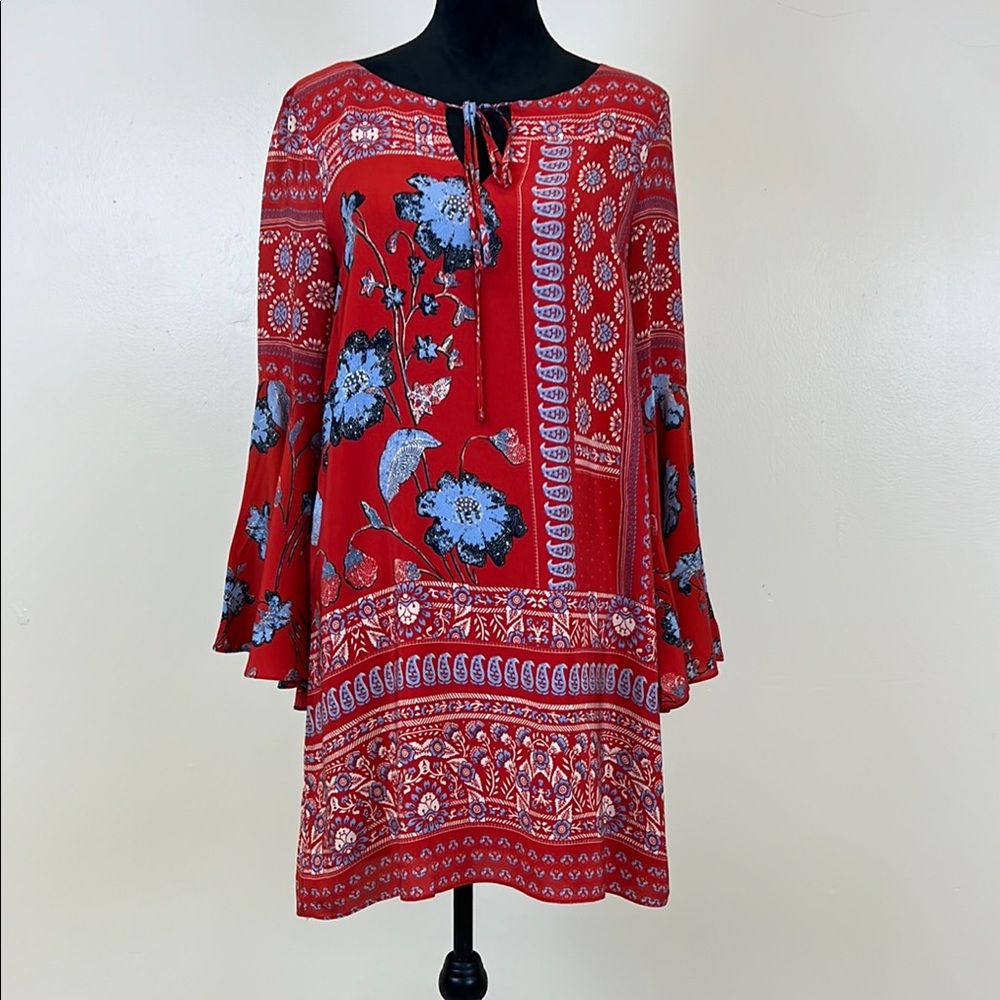 Red Bell Sleeve Sundress with Crew Neck